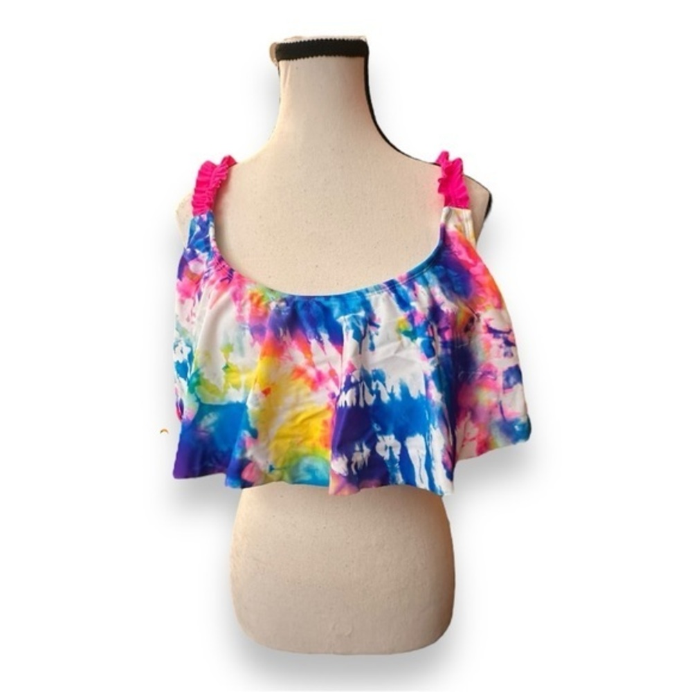 🆕 NWT Women’s 16 / 18 1X Neon Rainbow Tie Dye Flutter Swimsuit Bikini Top